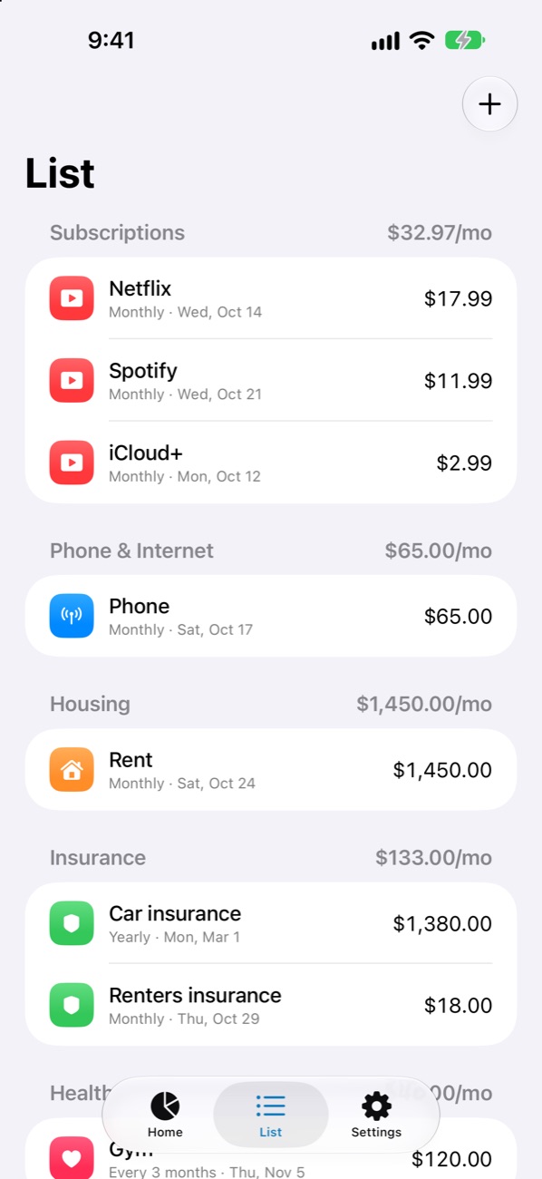 List of recurring bills grouped by category