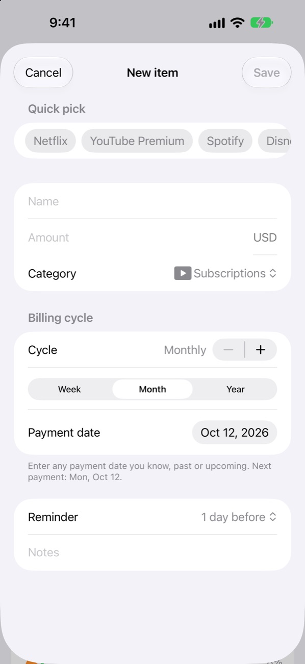 Adding a bill with a billing cycle and reminder