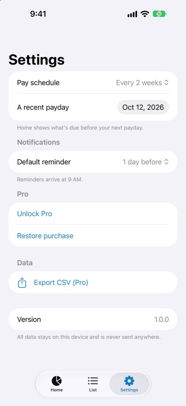 Settings with pay schedule and default reminder