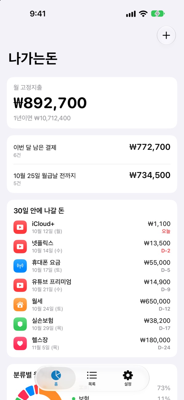 나가는돈 홈 화면: 월 고정지출 합계와 다가오는 결제